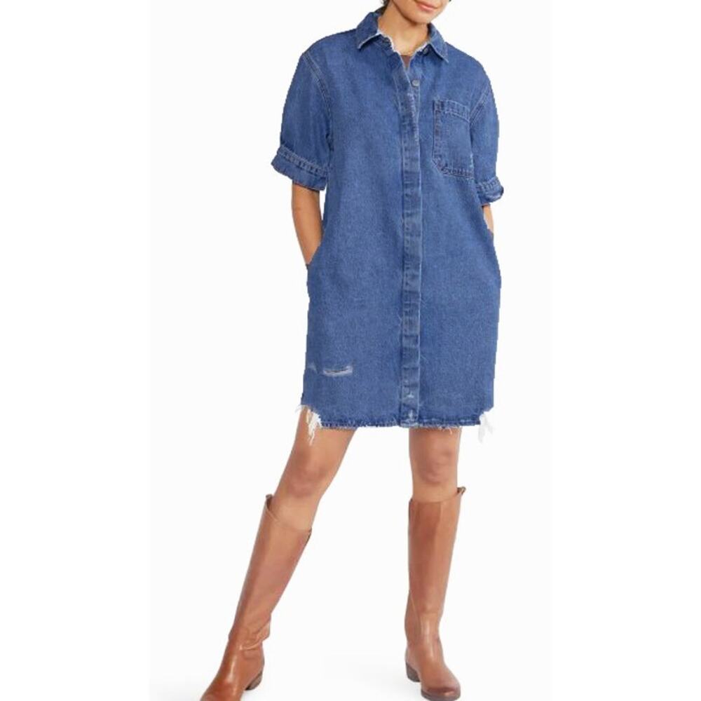 Etica Women's Pia Distressed Denim‎ Jean Shirt Dress Coastal Cowgirl Western XS